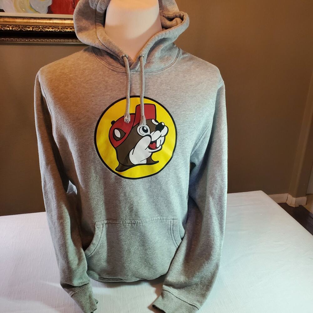 Bucees Mens Medium Gray Pullover Hoodie Sweatshirt Cartoon Beaver Logo
